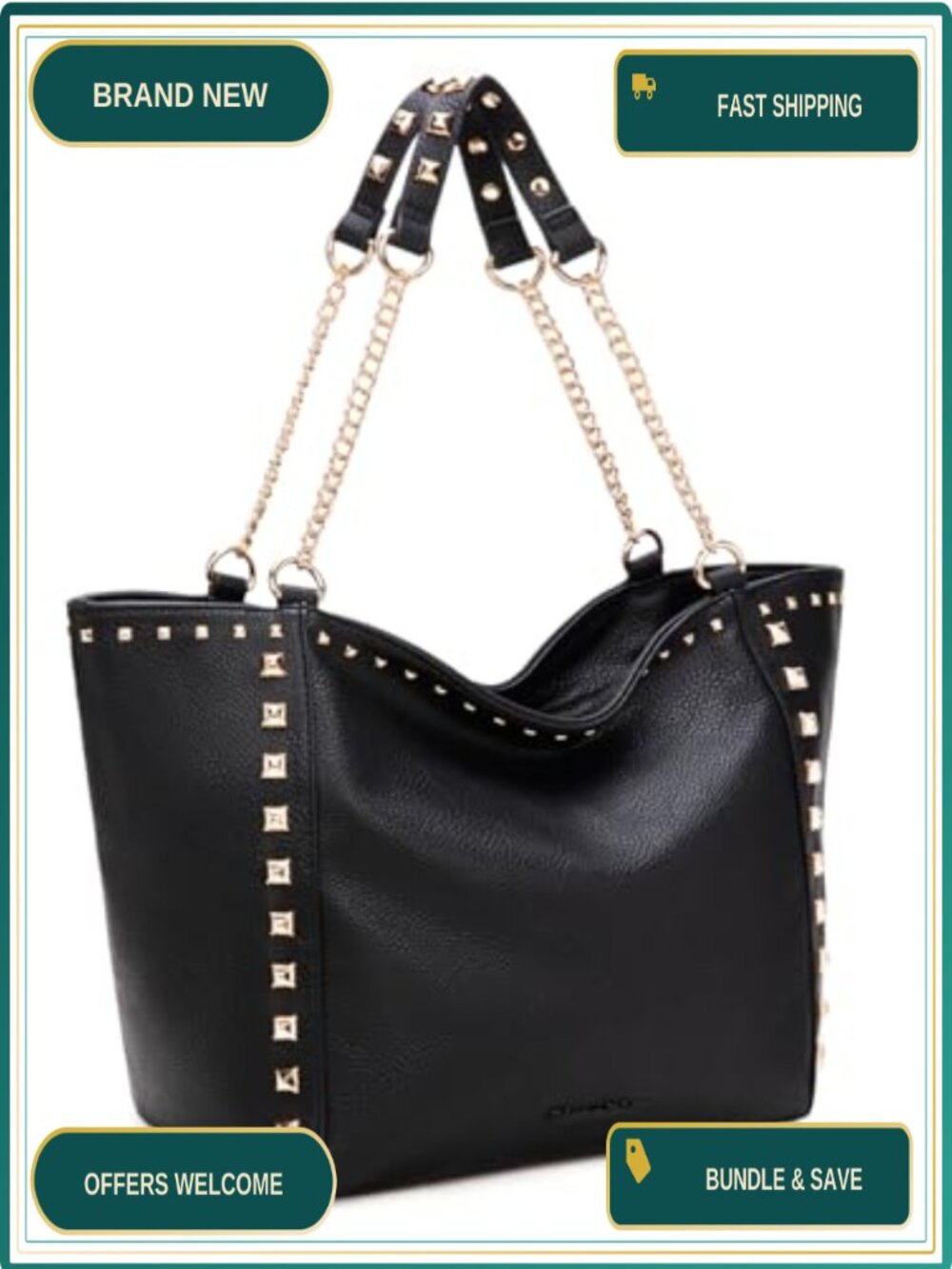 Oversized Vegan Leather Tote Bag with Chain Handle Studded Hobo Purse